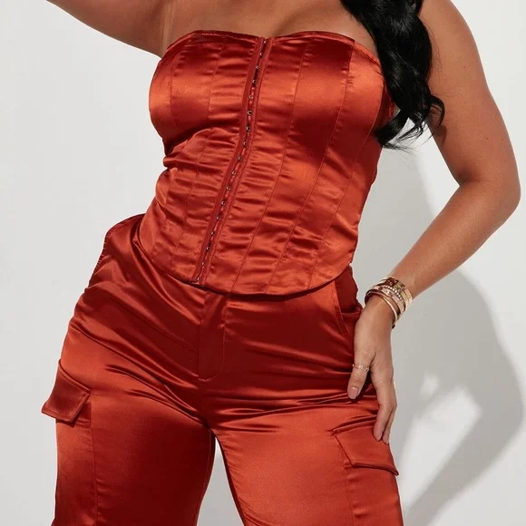Strapless Satin Cargo Jumpsuit in Rust - Picture 2 of 5